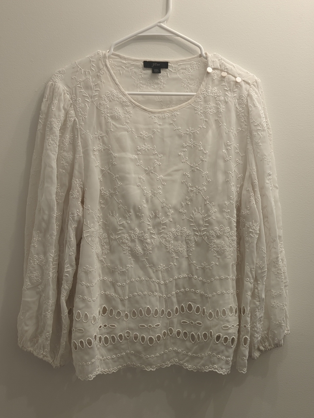 J. Crew Cream Eyelet Embroidered Long-Sleeve Top with Camisole, Women's XXL